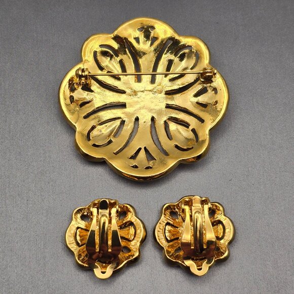 VTG Gold-Tone Floral Brooch & Clip-On Earrings Set w/ Clear Rhinestones Lot of 2 - Picture 6 of 8